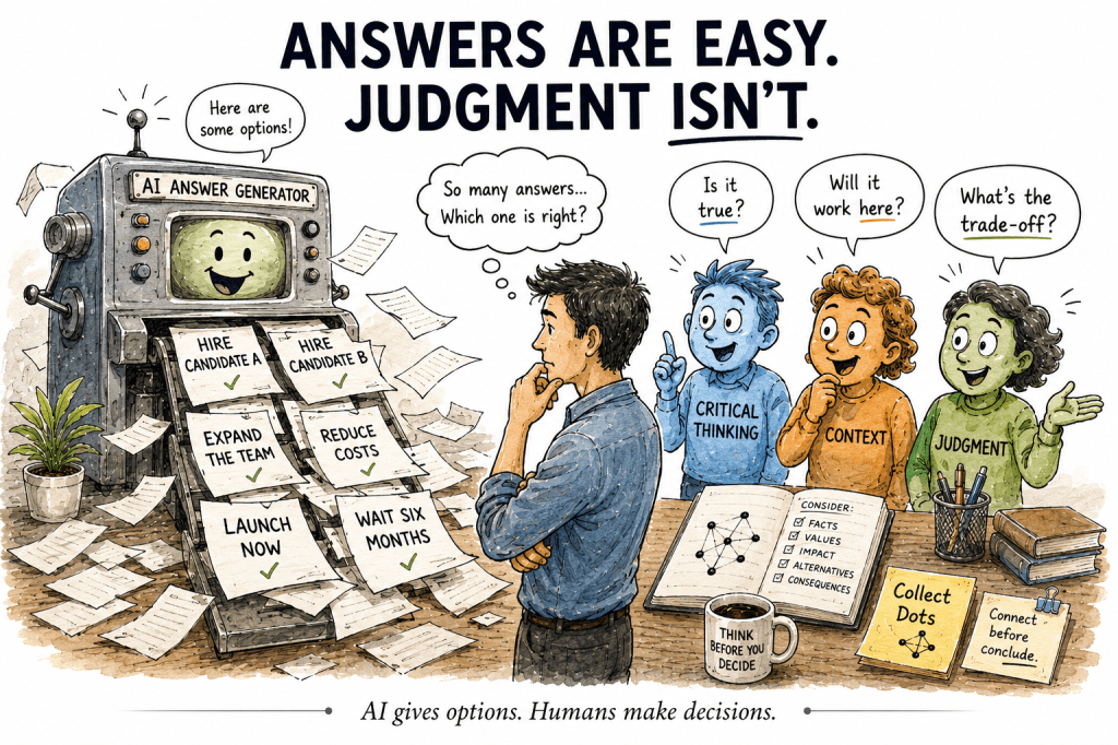 Answers are easy judgement isnt - AI gives options Humans make decisions