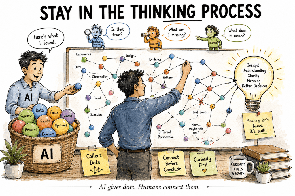 Stay in the thinking process - AI gives dots. Humans connect them